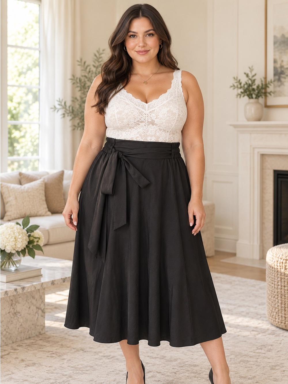 Black Tie-Waist Full Midi Skirt Elastic Waist Size XXL